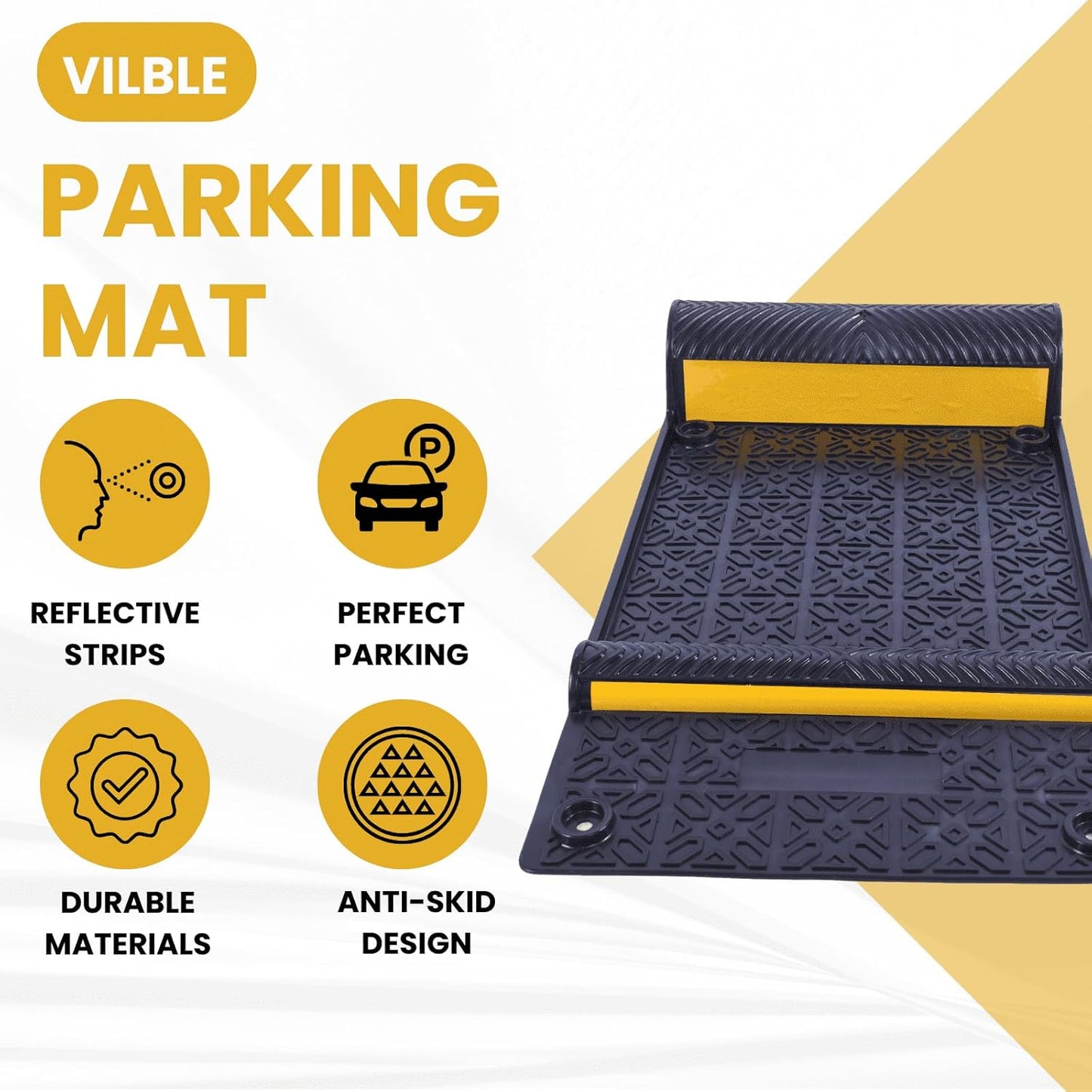 22" x 11.5" Rubber Parking Guide Mat, Heavy-Duty Wheel Stoppers with Reflective Stripes, Anti-Skid Garage Parking Mats, Self-Adhesive Vehicle Stoppers for Cars, Trucks, SUVs, Indoor/Outdoor (4)