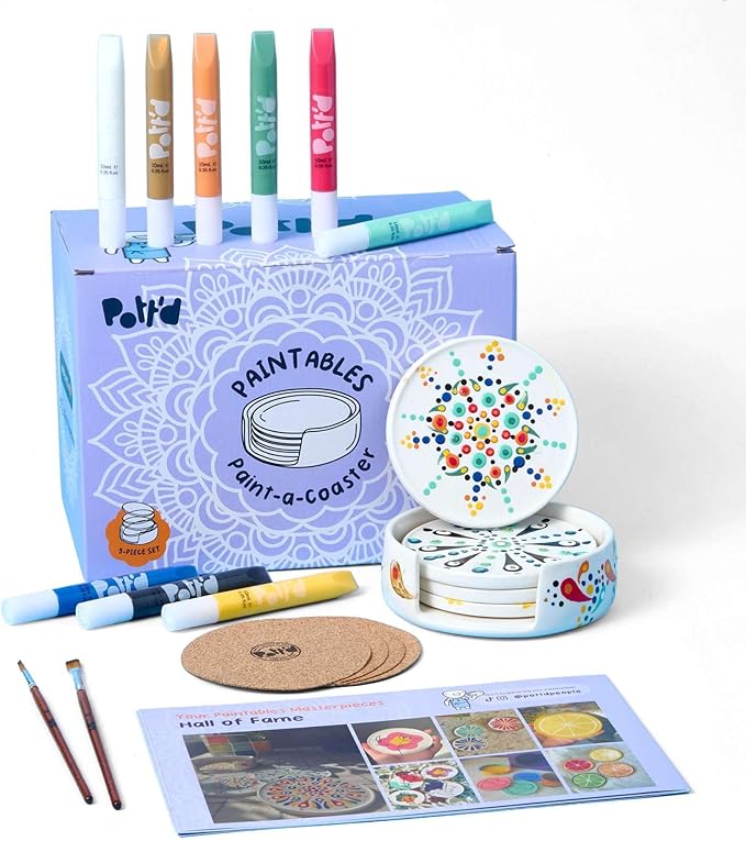 Pott’d Paintables Paint-a-Coaster Kit, DIY Pottery Painting Kit for Adults with Coasters, Holder, Dotting Paints, Brushes and Guide, Craft Kit for Beginners, Ideal for Home Decor or Handmade Gifts