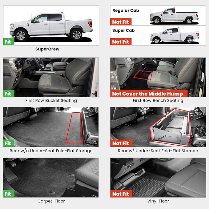 LASFIT Floor Mats for Ford F-150 2015-2025 | F150 Lightning 2022-2025 SuperCrew (Rear w/o Fold Flat Storage) Carpet Floor All Weather Protector TPE Truck Liners- 1st & 2nd Row, 3pcs Black