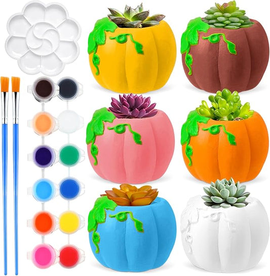 Pasimy 6 Set DIY Ceramic Succulent Planter Pots Paint Your Own Flower Pots Craft Kit Unpainted Bisque Paintable Flowerpot with Brush Palette Ready to Paint for Family Activity Gift(Pumpkin)