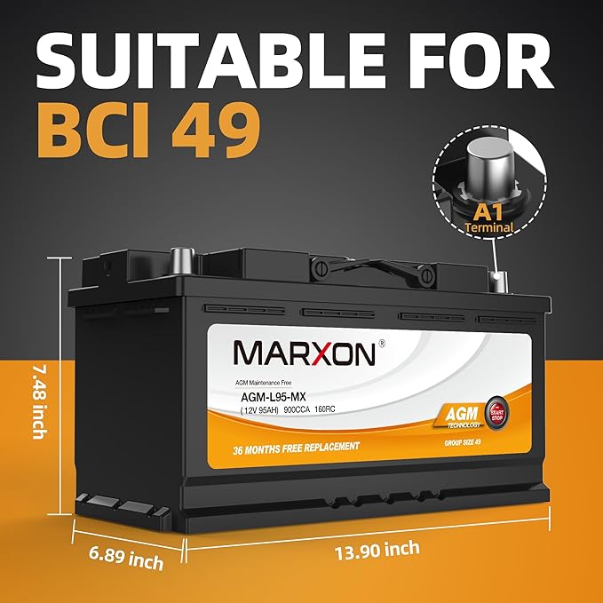 MARXON Group 49 H8 L5 Start and Stop Car Battery 12v 95AH 900CCA AGM BCI49 Maintenance Free Automotive Replacement Batteries