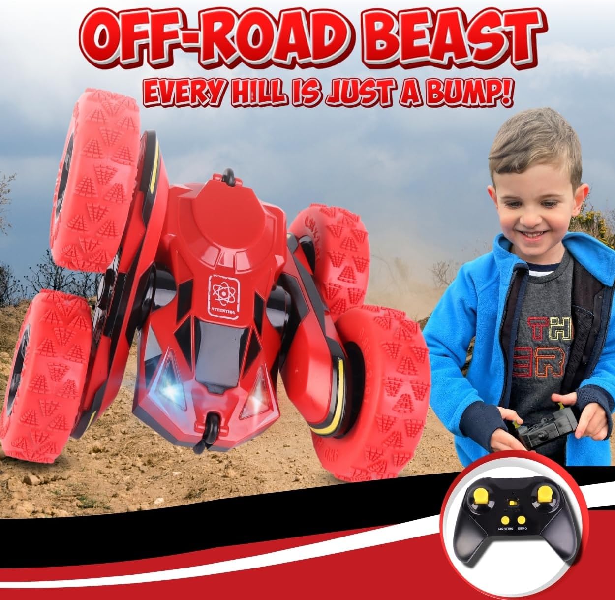 All-Round Drive Stunt RC Car - 360° Spins, High-Speed Off-Road with LED Headlights, 2 Rechargeable Batteries, AAA Remote Batteries, All-Terrain for Kids 6+ & Adults (Red)