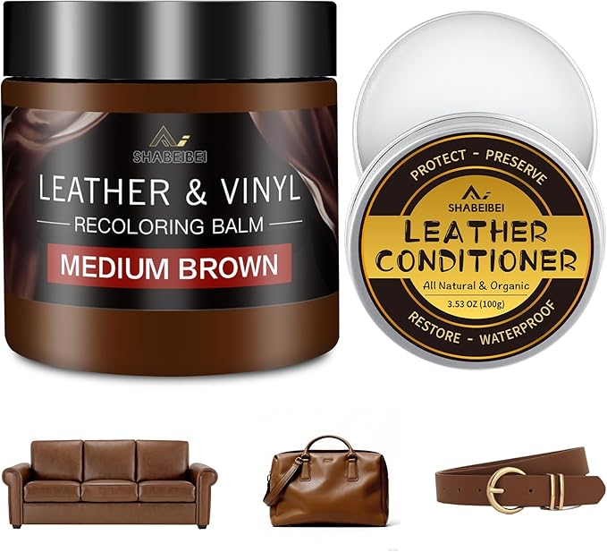 Leather Recoloring Balm with 100ml Mink Oil, Medium Brown Leather Repair Kit and Scratch Remover for Furniture, Car Seats, Sofas, Dye & Restorer for Couches, Vinyl, PU, Faux
