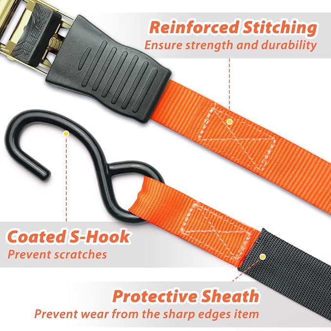 Ratchet Tie Down Strap 8-Pack 15 Ft - 500 lbs Load Cap with 1500 lbs Breaking Limit, Ohuhu Ratchet Tie Downs Logistic Cargo Straps for Moving Appliances, Motorcycle, Orange