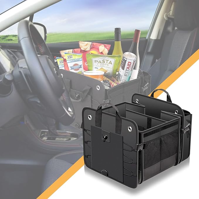 Large Trunk Organizer with Removable Cooler Bag-Collapsible Multi Compartments w/Foldable Cover, Non Slip Bottom Cargo Storage Suitable for Any Car, SUV, Truck, or Van(3 compartments,Black)