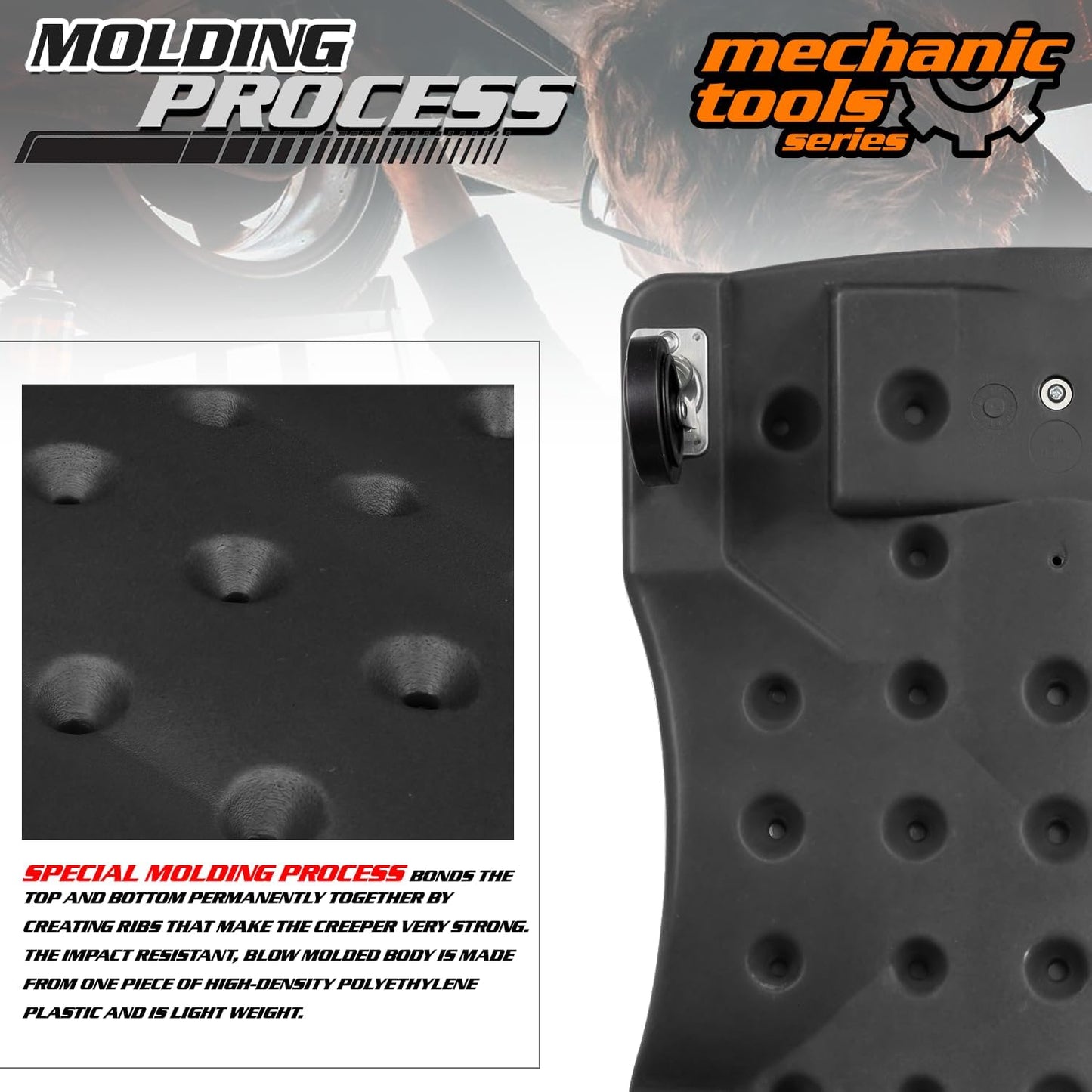 M-AUTO Mechanic Roller Creeper with Padded Headrest, Dual Tool Trays Rolling Creeper for Garage Shop Auto Work Repair, 40" Light Weight Mechanic Cart, Black