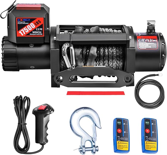 CXRCY 12V Electric Winch,17500LBS Load Capacity Synthetic Rope Towing Winches for Jeep Truck SUV,with Wired Handle and Wireless Remote