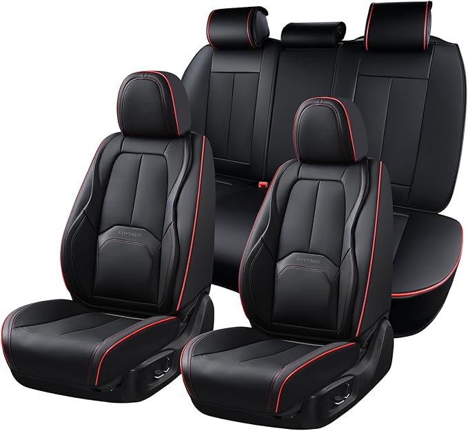Coverado Car Seat Covers Full Set, Premium Nappa Leather Seat Covers for Car, Waterproof Car Seat Protector with Lumbar Support, Car Seat Cover Universal Fit for Most Cars SUV Truck(Black&Red)