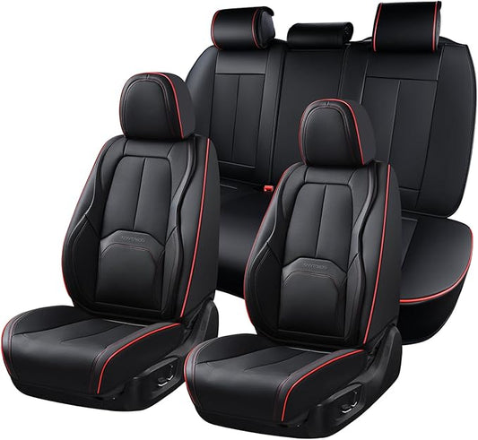 Coverado Car Seat Covers Full Set, Premium Nappa Leather Seat Covers for Car, Waterproof Car Seat Protector with Lumbar Support, Car Seat Cover Universal Fit for Most Cars SUV Truck(Black&Red)