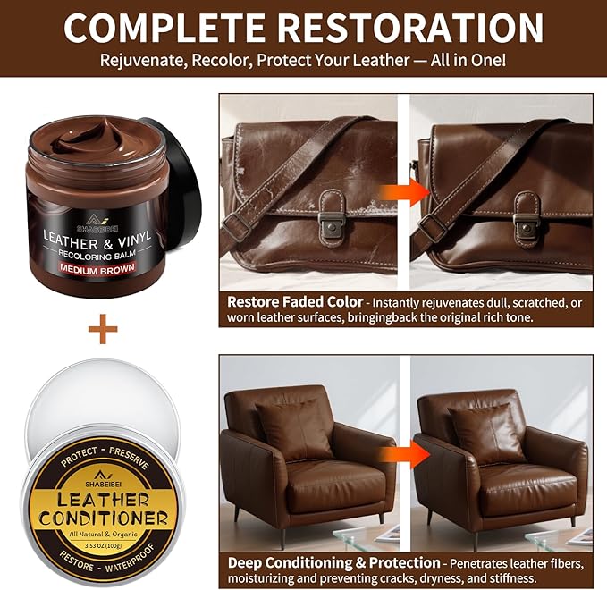 Leather Recoloring Balm with 100ml Mink Oil, Medium Brown Leather Repair Kit and Scratch Remover for Furniture, Car Seats, Sofas, Dye & Restorer for Couches, Vinyl, PU, Faux