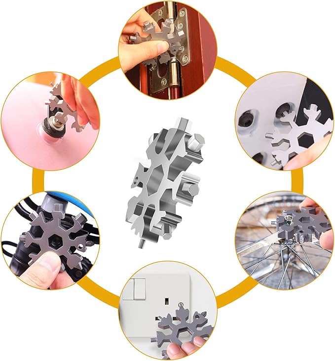 FZENeast Snowflake Multitool, 2 Piece 18-in-1 Stainless Steel Snowflake Standard Multitool, Snowflake Wrench with Key Ring, Carabiner Clip and Gift Bag (Silver)