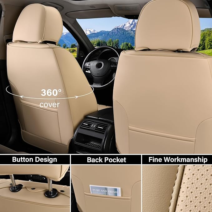 Coverado Car Seat Covers Full Set, Seat Covers Waterproof, Nappa Leather Seat Covers for Cars, Front and Back Car Seat Protector, Breathable Seat Cushion, Seat Cover Universal Fit Most Cars(Beige)
