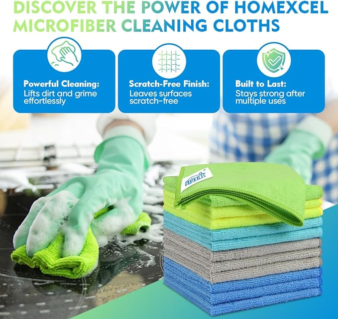 HOMEXCEL Microfiber Cleaning Cloth 12 Pack, 12.5 x 12.5 Inch Microfiber Towels for Cars, Ultra Absorbent Cleaning Rags, Lint Free Cleaning Towels for Household, Kitchen, Window, and Car, Multicolor