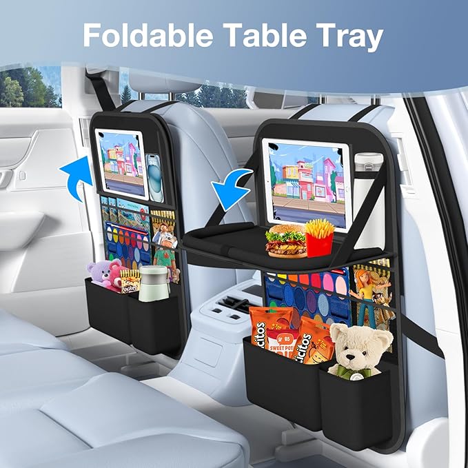 Car Backseat Organizer with Table Tray(2-Pack) 9 Storage Pockets Backseat Car Organizer and storage with Tablet Holder, Kick Mats Back Seat Cover for Kids family Road Trip Essentials Travel