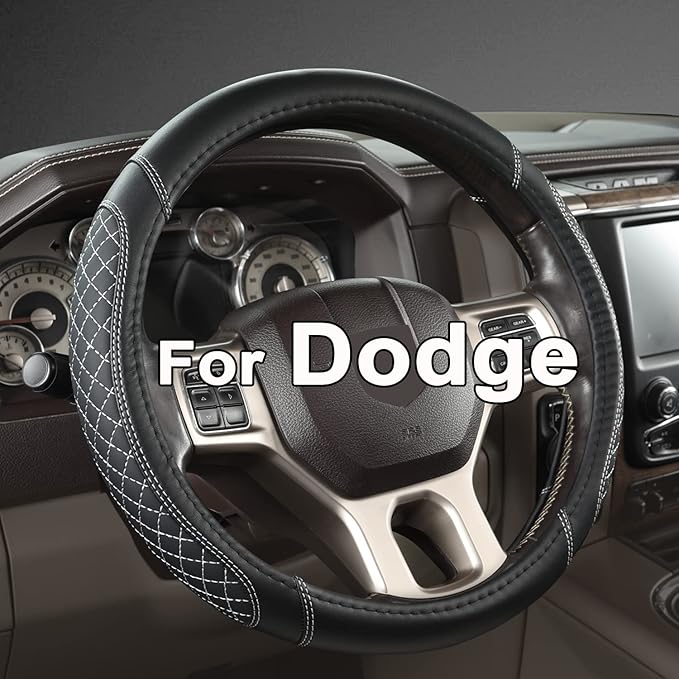 West Llama Customized Auto Car Steering Wheel Cover for Dodge 1989-2011 RAM 1500 2500 3500, Charger, Durango, Challenger(Diamond Quilted-Black+Gray-Standard Size)