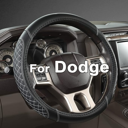 West Llama Customized Auto Car Steering Wheel Cover for Dodge 1989-2011 RAM 1500 2500 3500, Charger, Durango, Challenger(Diamond Quilted-Black+Gray-Standard Size)