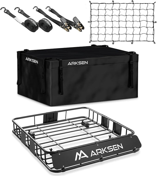 ARKSEN 43 x 39 x 6 Inch Universal 150LB Heavy Duty Roof Rack Cargo with 500D Waterproof Cargo Bag, Cargo Net & Ratchet Straps, Car Top Luggage Holder Basket for SUV, Truck, & Car Steel Construction
