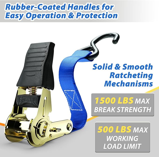 Ratchet Tie Down Strap 8-Pack 15 Ft - 500 lbs Load Cap with 1500 lbs Breaking Limit, Ohuhu Ratchet Tie Downs Logistic Cargo Straps for Moving Appliances Motorcycle Blue