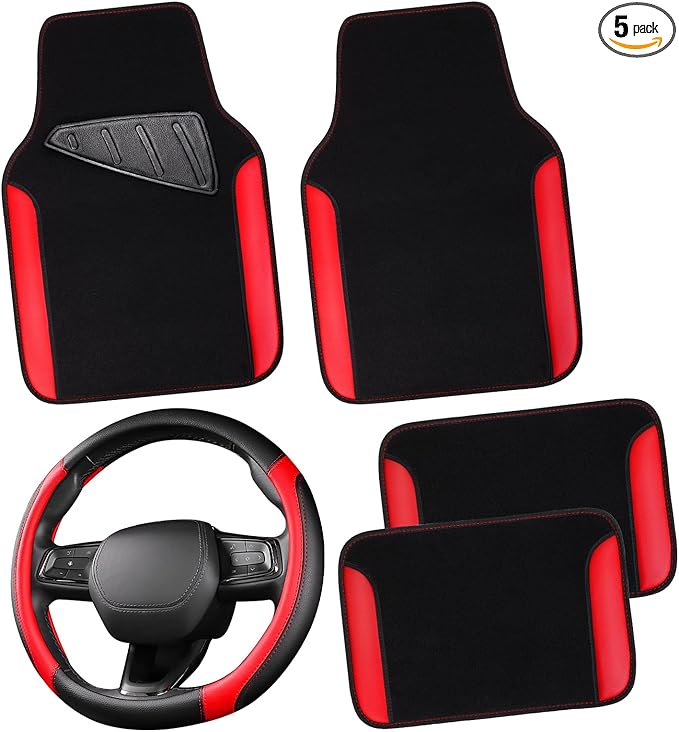 CAR PASS Faux Leather Steering Wheel Cover and Waterproof Car Floor Mats,Universal Car Combo Fit for 95% Sedan,SUV,Cars,14.5-15inch Sporty Anti-Slip Safety Comfortable Design(Black＆Red)