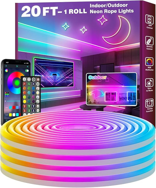 FBZ 20Ft Led Rope Lights, Flexible Neon Lights Control with App/Remote, Multiple Modes, IP65 Outdoor RGB Waterproof, Music Sync Gaming Light Strip for Bedroom Decor