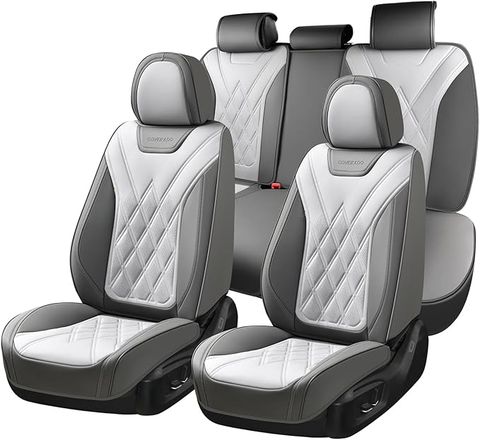 Coverado Car Seat Covers Full Set, Seat Covers for Cars, Front Seat Covers and Back Seat Cover Waterproof Leather Automotive Seat Cover, Universal Car Interior Protectors for Most Cars Light_Gray