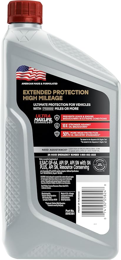 Valvoline Extended Protection High Mileage with Ultra MaxLife Technology 5W-20 Full Synthetic Motor Oil 1 QT, Case of 6