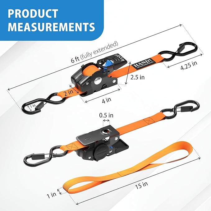 HandT USA Based Retractable Ratchet Straps (2PK) 1in x 6ft - 1,500lb Break Strength, Heavy Duty Automatic Ratchet Straps Self Retractable Tie Down, Push Button Retracting Truck Trailer Cargo | Orange