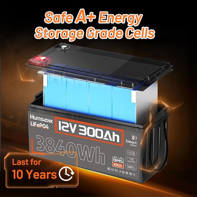 HumsiENK Bluetooth 12V 300Ah Battery LiFePO4 Lithium Built-in 100A BMS, 15000 Deep Cycles Battery 3840Wh with Low-Temp Protection for RV Marine Trolling Motor Home Energy Storage Off-Grid Living