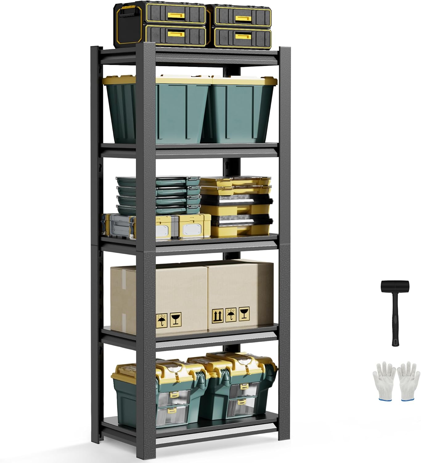 JHYKHG 63" H Storage Shelves,5-Tier Heavy Duty Garage Shelving,Adjustable Shelving Unit,Metal Shelf,Boltless Assembly Rack for Warehouse,Shed,2,500 lb Load,16 x 24 x 63 Inches,Black