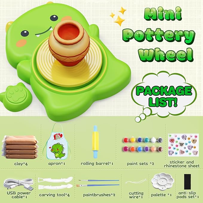 Skirfy Mini Pottery Wheel Kit for Beginners Kids,Electric Ceramic Wheel with Foot Pedal&Painting Kit, Adjustable Speed,Clay Spinner DIY Tools for Art Craft Birthday (Green Dinosaur)