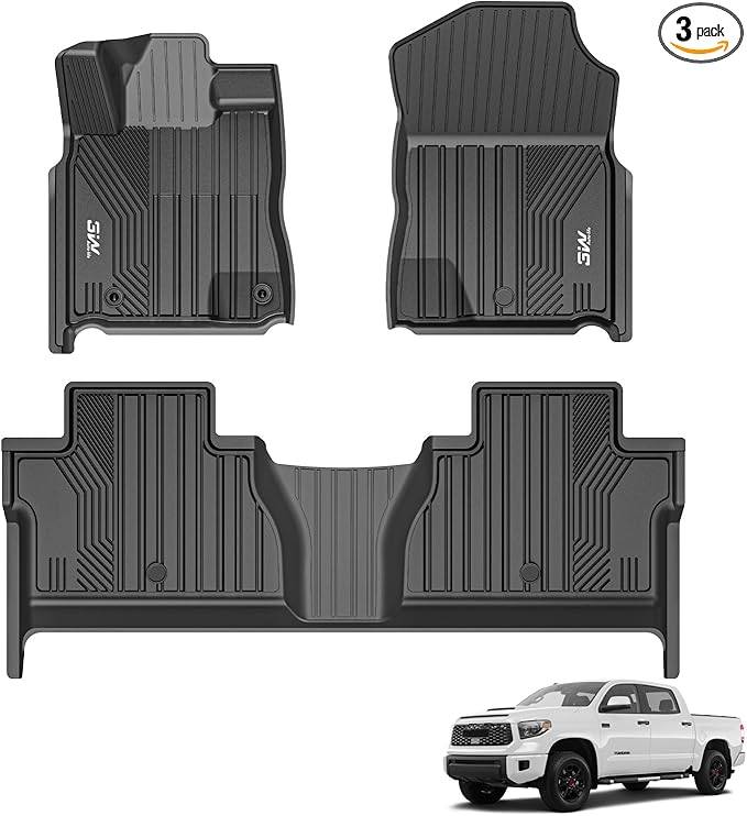 3W Floor Mats Fit for Toyota Tundra 2014-2021 (Only for CrewMax Cab), TPE All Weather Custom Fit Floor Liner for Tundra Accessories SR5/TRD/Limited 1st and 2nd Row Full Set Car Mats Easy Clean, Black