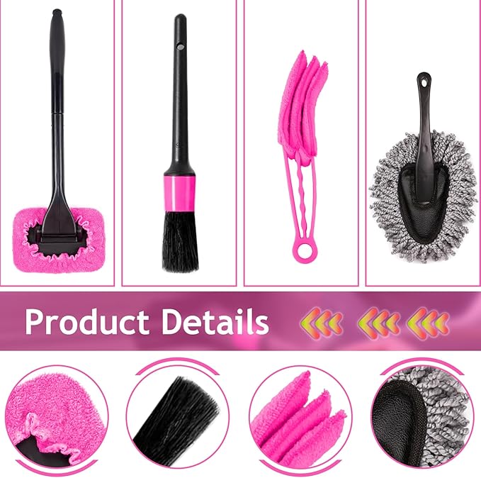 THINKWORK Pink Car Duster Interior Kit, Perfect Car Detailing Brush Kit for Cleaning Windows,Windshield,Dashboard and Air Vents Suitable for All Cars