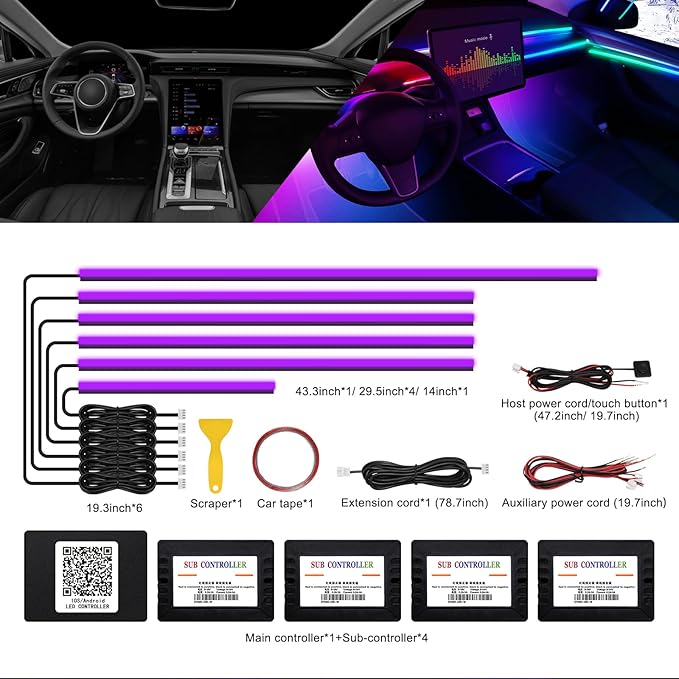 Acrylic Interior Car LED Strip Light with Wireless APP, RGB 6 in 1 with 175 inches 593 LEDs Fiber Optic Ambient Lighting Kits, 16 Million Colors Sound Active Function Car Neon Lights