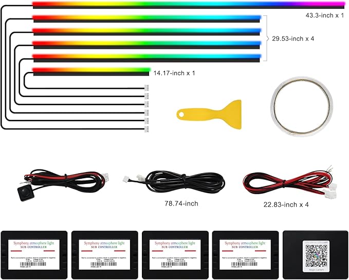 LED Acrylic Car Interior Lights, 6 in 1 Dreamcolor RGB Car Ambient Lighting Kit for Car Included 175-inch Fiber Optic Car Neon Lights String, APP Control, Music Sync Rhythm