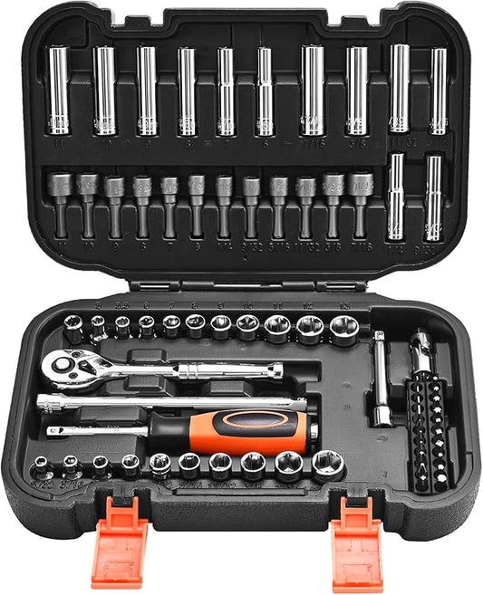 VEVOR Socket Set, 70 Pieces, 1/4 inch Drive Socket and Ratchet Set, SAE and Metric, Deep and Shallow, Mechanic Tool Kit with Bits, Accessories and Storage Case, CR-V Alloy Steel, for Automotive Repair