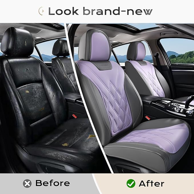 Coverado Car Seat Covers Full Set, Seat Covers for Cars, Waterproof Leather Automotive Seat Cover, Universal Car Interior Protectors Cushion for Most Cars Gray_Pruple
