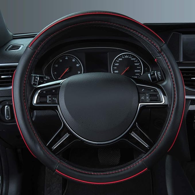 Car Pass Colour Piping Leather Steering Wheel Cover,Perfectly fit for 14.5-15 inches for Various Vehicles SUVs,Vans,Sedans,Cars (Black & Red)