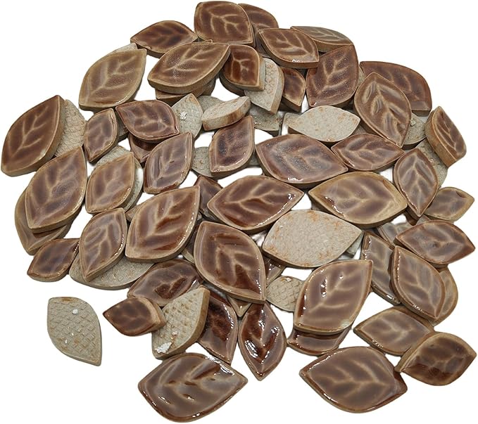1.1LB Random 3 Size Leaves Ceramics Mosaic Tiles, Making Creative Ceramic Mosaic Pieces for DIY Craft,Flowerpots, Vases, Cups, Garden Decor Mosaic Making Supplies (Cracked Ice Coffee)