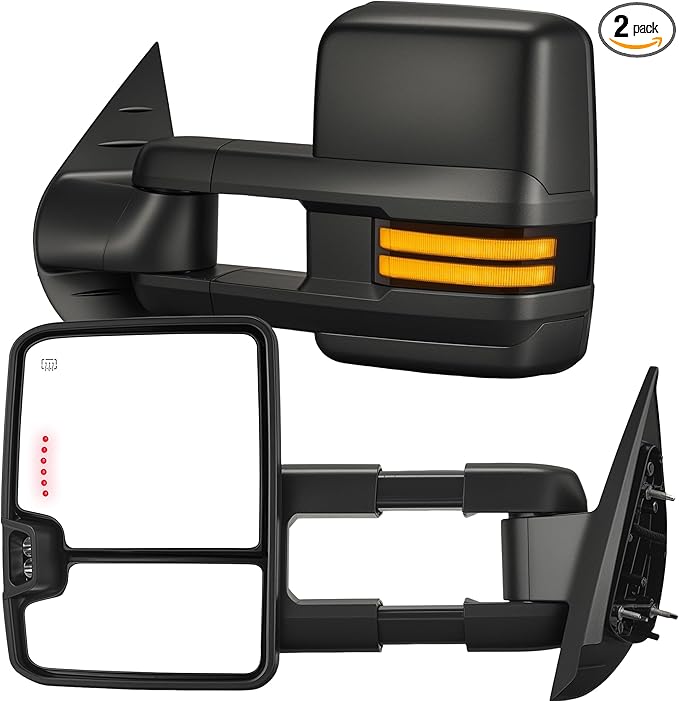 Tow Mirrors Compatible with 2007-2013 Chevy Silverado GMC Sierra, Extended Trailer Towing Side Mirrors with Sequential Switchback Turn Signal, Backup Light, Power Heated Adjustable, Black