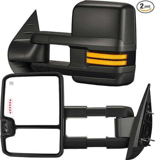 Tow Mirrors Compatible with 2007-2013 Chevy Silverado GMC Sierra, Extended Trailer Towing Side Mirrors with Sequential Switchback Turn Signal, Backup Light, Power Heated Adjustable, Black
