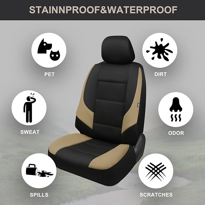 GIANT PANDA Neoprene Full Set Car Seat Covers for Toyota Rav4 Camry Corolla Prius, Leak-Proof & Waterproof Front&Rear/Back Car Seat Protector（Beige+Black）