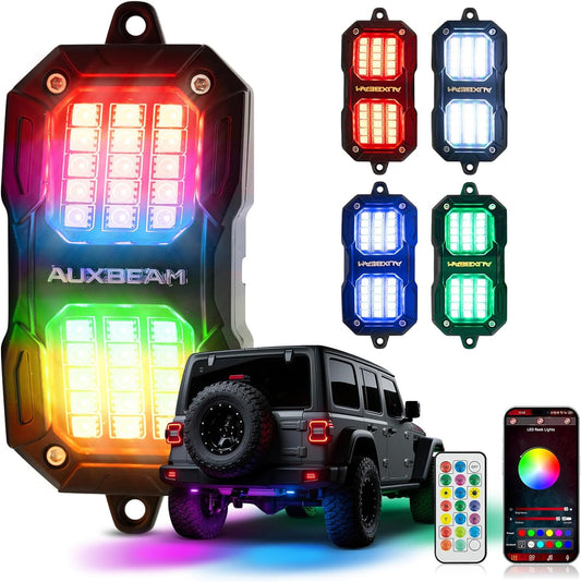 Auxbeam 4 Pods LED Rock Lights w/Brake Mode, Chasing Color RGB Wheel Well Lights w/Bluetooth APP& Remote Control, Music Voice Sync Underglow for Trucks UTV ATV Boat Waterproof, 1 Year Warranty