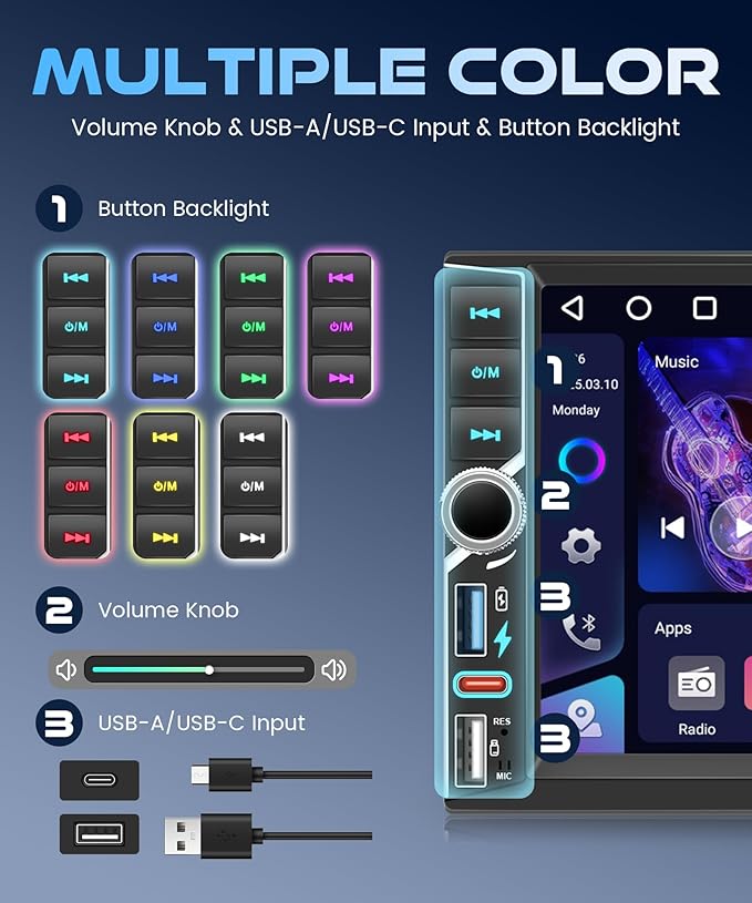 2 DIN Car Stereo Wireless CarPlay Android Auto, 7-INCH IPS Touch Screen Head Unit Android System [4+64GB] Double Din Car Radio BT5.0, WiFi, EQ, USB-C Backup Camera