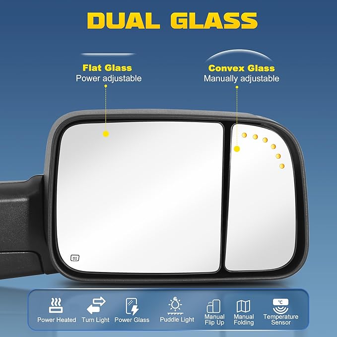 Power Heated Towing Mirror Compatible for 2009-2018 Dodge Ram 1500 2500 3500/2019-2024 Ram 1500 Classic w/LED Turn Signal Light Arrow Light Temperature Sensor -2 PCS (Black)