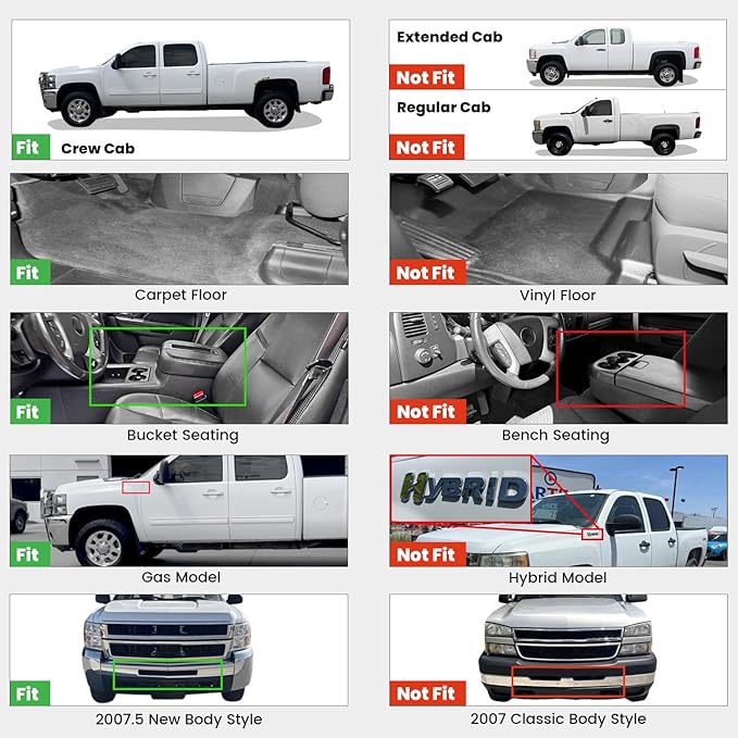 LASFIT Floor Mats 2007-2013 for Chevy Silverado/GMC Sierra 1500, 2007-2014 2500 HD 3500 HD, Gasoline only, Crew Cab, 1st Row Bucket Seat, All Weather TPE Custom Fit Car Floor Mats (2007 Only New Body)