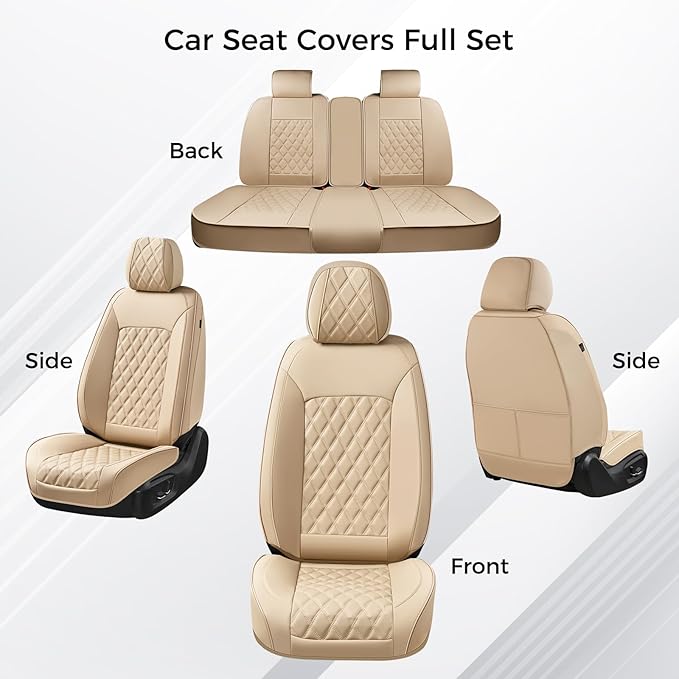 Huidasource Beige Seat Covers, Car Seat Covers Front ＆ Split Rear Bench, Seat Covers Full Set, Nappa Leather Seat Cover Protector Universal Fit for Most Cars, Vans, Trucks, SUVs (Full Set/Beige)