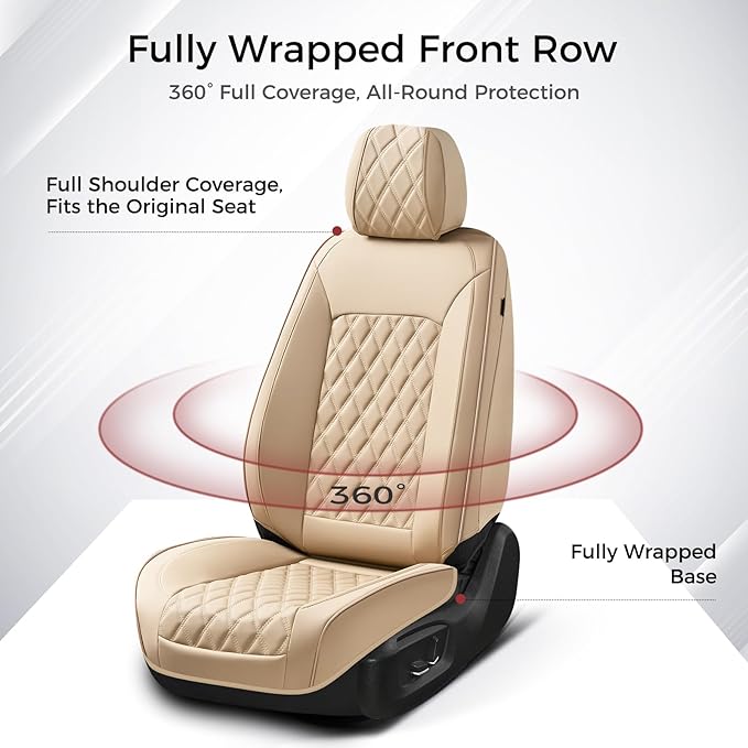Huidasource Beige Seat Covers, Car Seat Covers Front ＆ Split Rear Bench, Seat Covers Full Set, Nappa Leather Seat Cover Protector Universal Fit for Most Cars, Vans, Trucks, SUVs (Full Set/Beige)