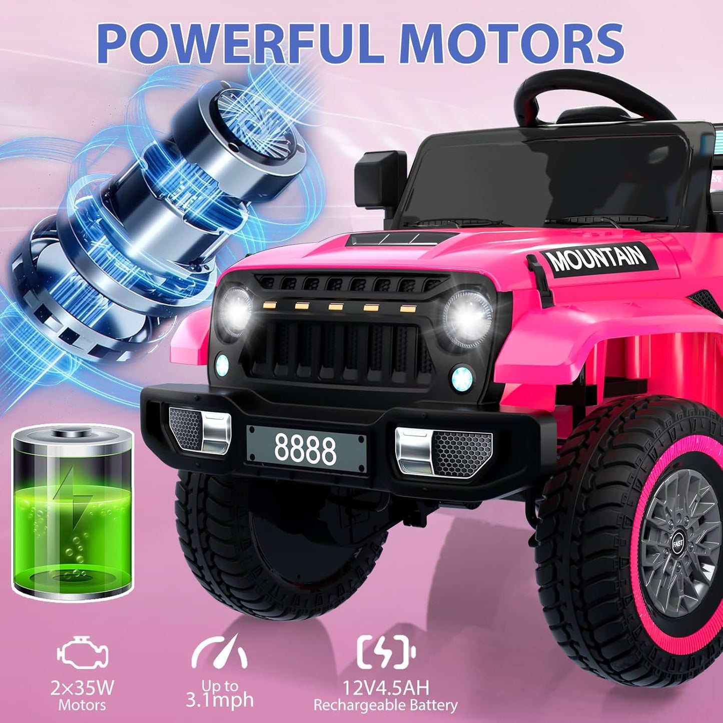12V Kids Ride on Truck Car, w/Parent Remote Control, Twin 35w Motors, 3 Speeds, LED Lights, Music & Horn, Spring Suspension, Kids Electric Vehicles Toy for 3-5 Years Old Boys Girls Gift, Pink