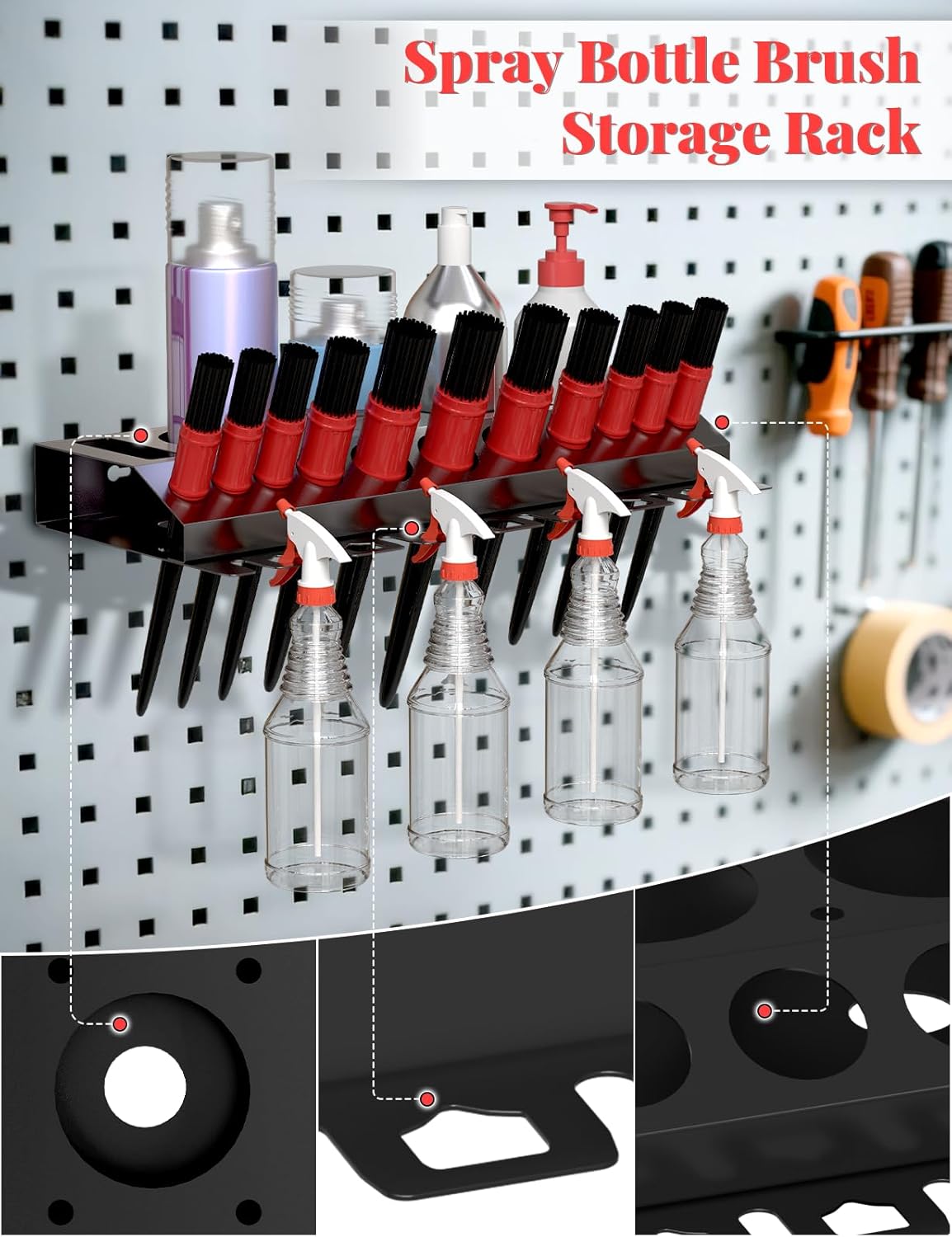 Spray Bottle Storage Rack, Wall Mount Bottle Organizer Car Detailing, Detailing Brush Organizer, Car Beauty Shop Accessory Display, 3/8" Air Tool Holder for Garage and Workspace, 1Pcs, Black