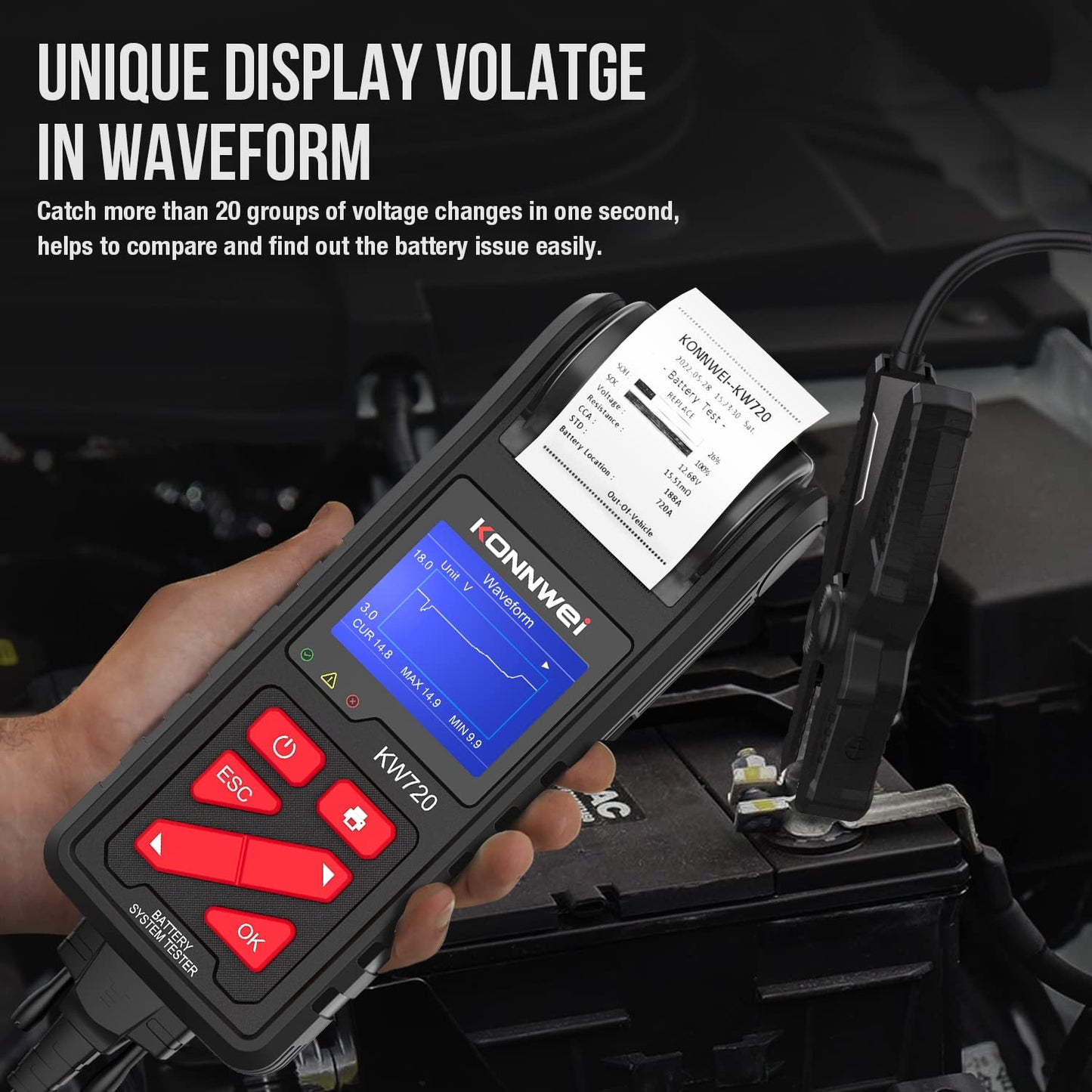 KONNWEI KW720 Car Battery Tester 6V 12V 24V W/Printer, Battery Load Tester Automotive 100-2000CCA Digital Auto Battery Analyzer Alternator Starter Tester for Car Truck Motorcycle(Paper Included)